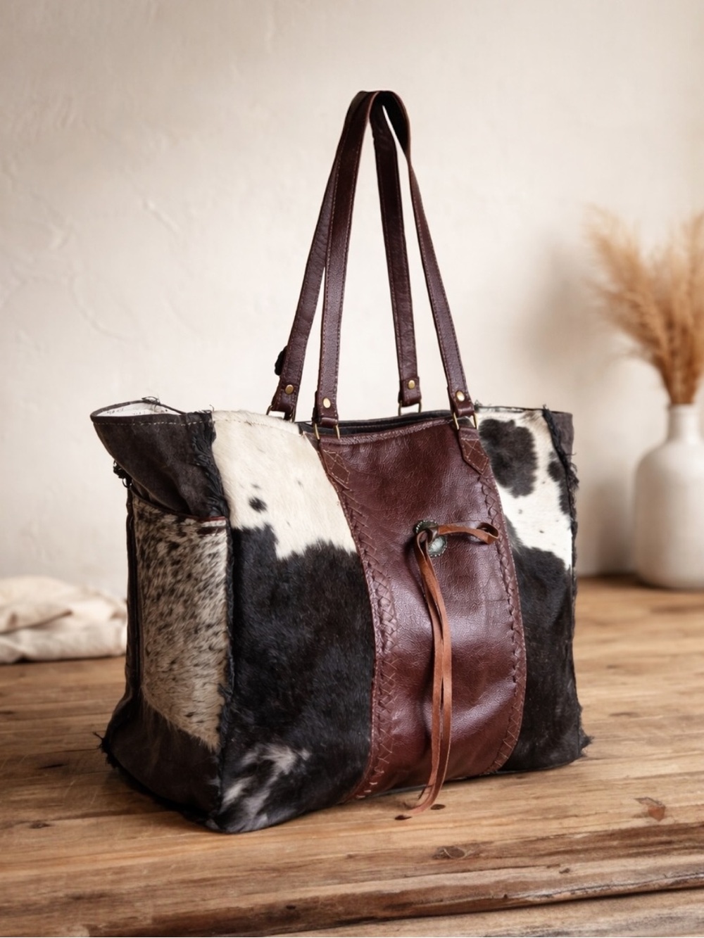 Myra Bag Cowhide Weekender Tote Overnight Leather Western Boho Shoulder Carry-on - Picture 3 of 13